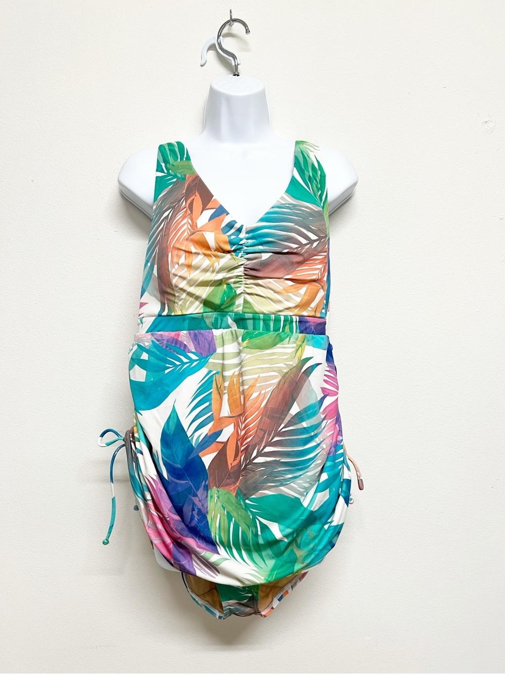 Cacique Womens Plus Tropical Rainbow Leaf Print V Neck One Piece Swim Dress